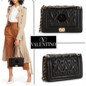 Valentino Authentic Quient Luxury Quilted Leather Gold Chain Turn Lock Crossbody